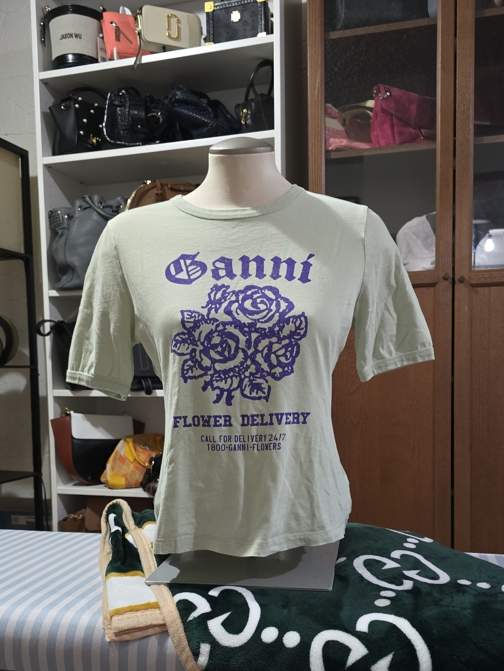 Ganni Pale Green Tee with Purple Floral Graphic